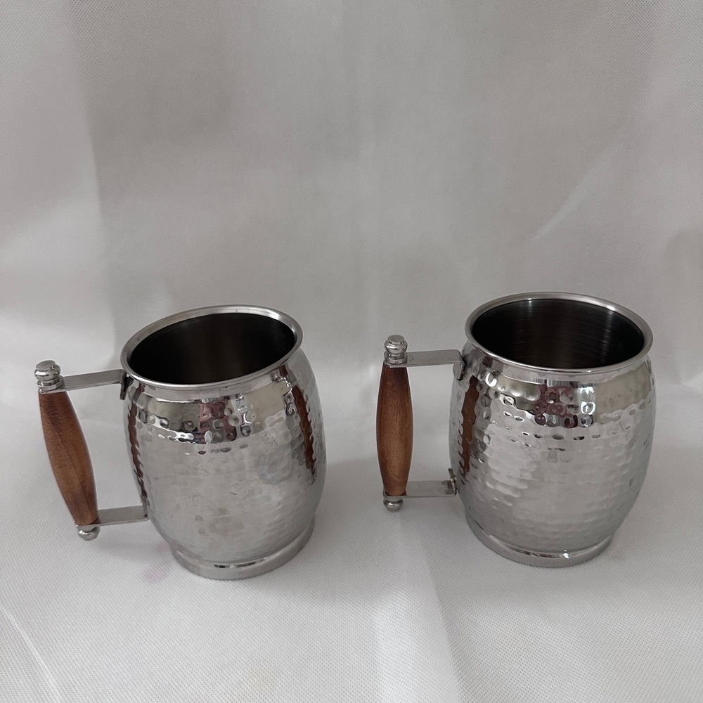 Mugs Silver Hammered Stainless Steel Moscow Mule Hot & Cold Drinks Wooden Handle
